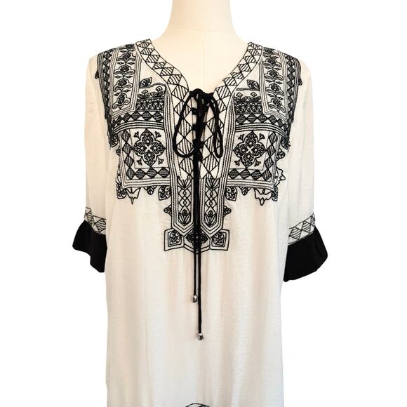 Jade XS White Lined Dress Black Boho Embroidery Shift Dress Flowy Lace Up - Picture 4 of 9